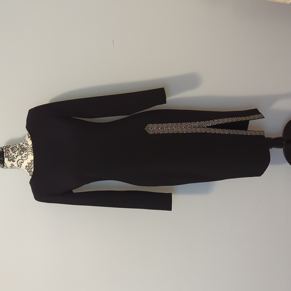 Calvin Klein Black and Gray Embellished Slit Long Sleeve Dress